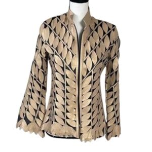 Gold metallic Tan Leather Jacket leaf black mesh